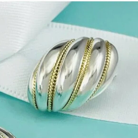 1 Single Tiffany Shell Dome Earring in Silver and Yellow Gold Twist - Picture 1 of 7